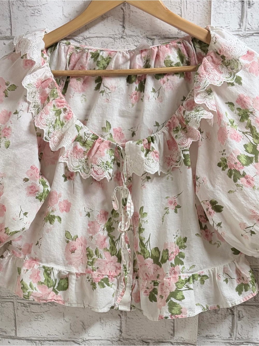 Floral Ruffled Peasant Blouse - Pink/Green